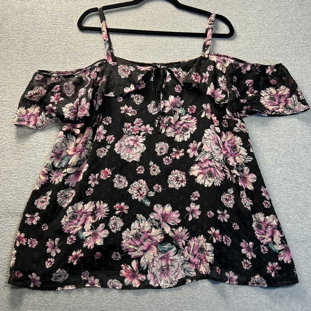Torrid Off Shoulder Ruffle Blouse Womens Size 3 3X Black Pink Floral Flowy Top